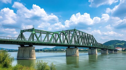 Naklejka premium Majestic Green Bridge Spanning the River under a Summer Sky
