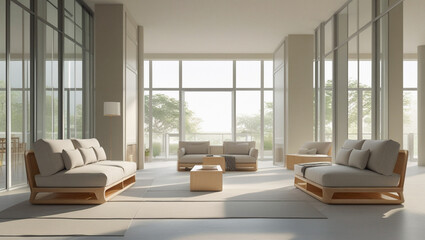 Clean, modern interior with neutral tones, light wood furniture, and spacious layout