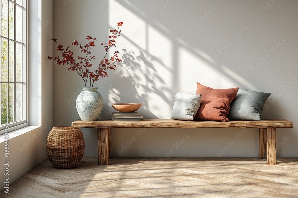 Aufkleber scandinavian minimalist console table with natural oak finish and decorative elements