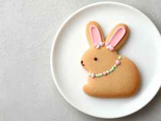 Easter bunny spring symbolic concept.  Cute Easter Bunny Cookie Decoration on White Plate Background