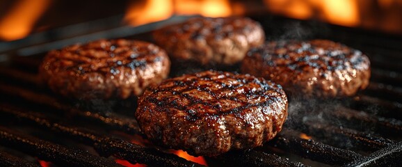 Grilling Juicy Burgers on Barbecue with Flames and Smoke in a Warm Outdoor Setting