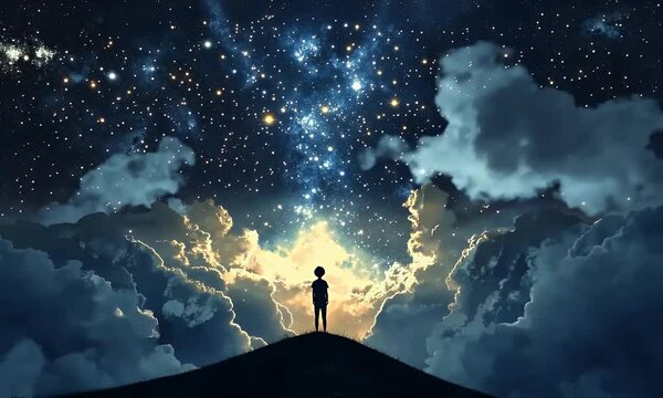 Silhouette of a person standing on mountain peak under glowing night sky full of stars and clouds. Cosmic scene of wonder, solitude, and the vastness of the universe.