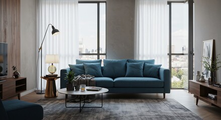 都会的モダンリビング 深い青のソファ 柔らかな光が差し込む