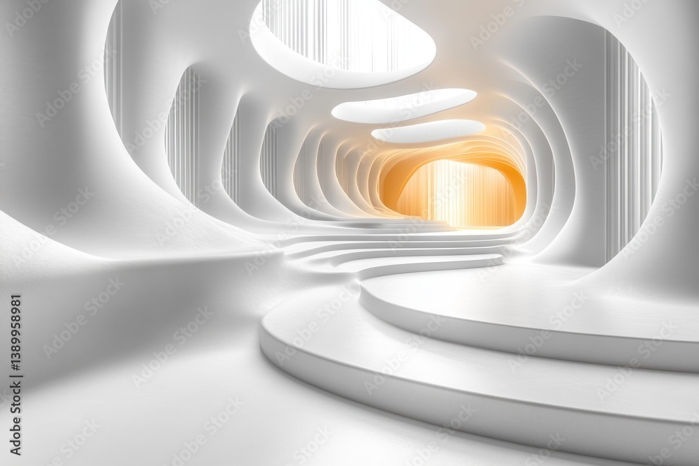 Fototapete futuristic abstract wave-like structure 3d rendering of circular white architectural design