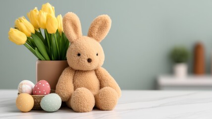 Fototapeta premium Easter bunny spring symbolic concept. Cute Easter Bunny with Colorful Eggs and Yellow Tulips Arrangement