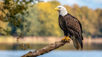 Majestic bald eagle perched on branch at gigapixel scale scenic landscape wildlife photography