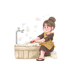 Joyful Woman in Apron Hand-Washing Clothes in Wooden Tub with Soap Bubbles