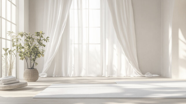A white room with a large window and white curtains