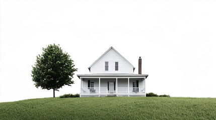 Obraz premium White farmhouse on grassy hill with tree, serene and isolated