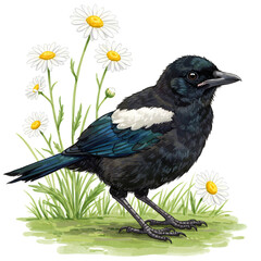 A magpie standing near daisies in a field on a transparent background