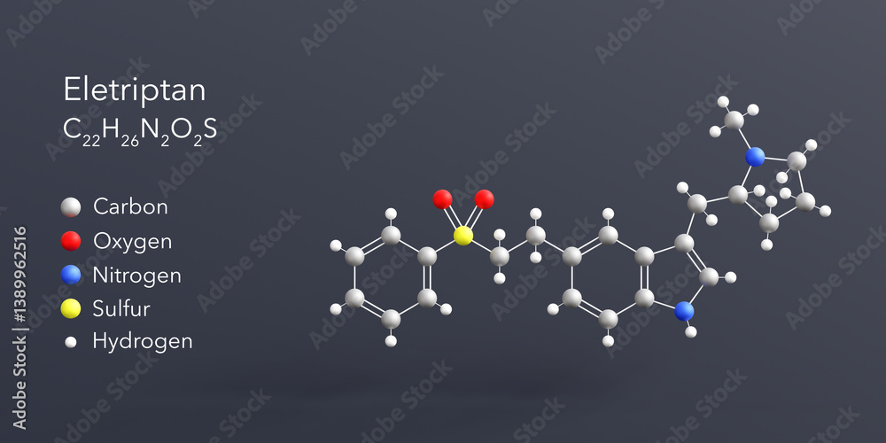 Fototapete eletriptan molecule 3d rendering, flat molecular structure with chemical formula and atoms color cod