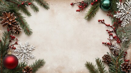 Vintage Holiday Layout with Nostalgic Red and Green Elements Surrounded by Natural Decorations