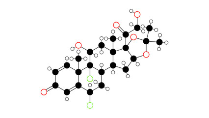 fluocinolone acetonide molecule, structural chemical formula, ball-and-stick model, isolated image anti-inflammatory