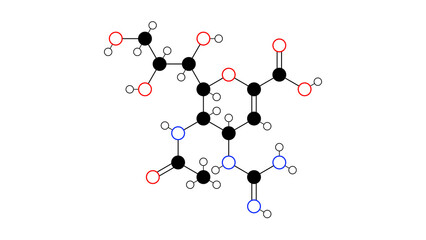 zanamivir molecule, structural chemical formula, ball-and-stick model, isolated image antiviral