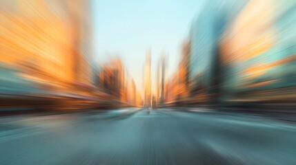 Blurred abstract city business district with warm sunset hues, professional and dynamic