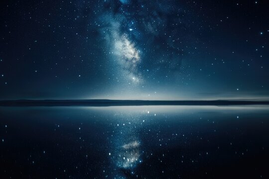Milky Way galaxy reflected in a still, dark lake under a star-filled night sky. - Powered by Adobe
