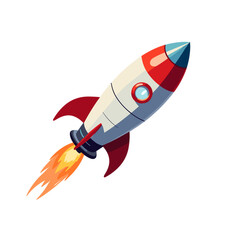 Colorful cartoon rocket flying upwards with fiery trail  
