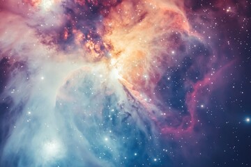 A vibrant nebula showcases cosmic clouds of gas and dust, illuminated by distant stars, creating a breathtaking celestial spectacle.