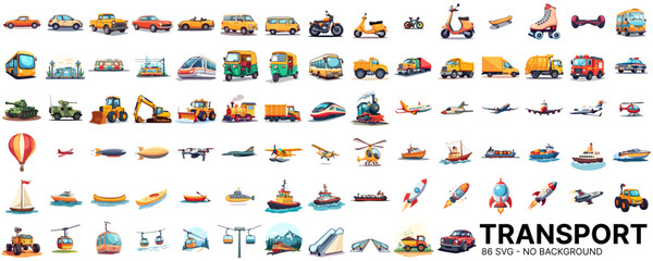 Flat transport icon set in vector style in colorful palette showing land, air, and sea vehicles	