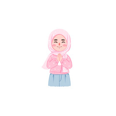 Smiling Girl in Pink Hijab and Sweater, Hands Pressed Together in Prayer