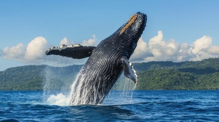 Fototapeta premium Majestic whale breaching the ocean surface pacific ocean nature photography clear skies side view marine life wonders