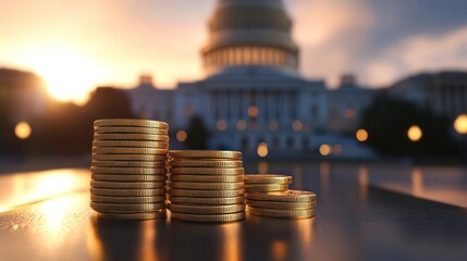 Golden coins stacked in ascending order in front of blurred government building. Image government spending, public debt. Financial stability, economic growth potentially depicted. Scene suggests