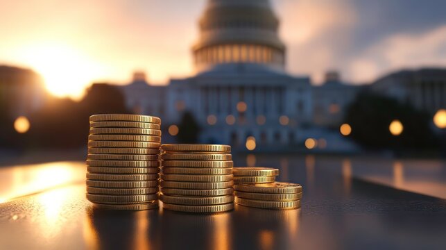 Golden coins stacked in ascending order in front of blurred government building. Image government spending, public debt. Financial stability, economic growth potentially depicted. Scene suggests
