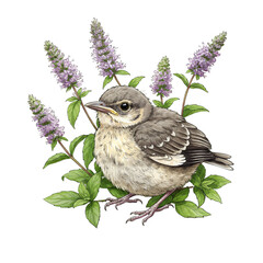 Illustration of a fledgling bird perched among purple flower blooms