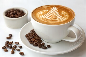 Fototapeta premium Exquisite Latte Art with Coffee Beans on a White Table