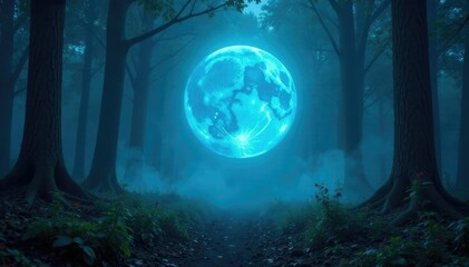 An otherworldly blue sphere glows above a misty, mystical forest, woods, mysterious