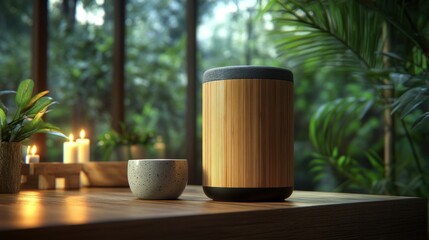Elegant, sustainable speaker sits on a wooden table amidst calming greenery.  Soft light highlights the natural textures