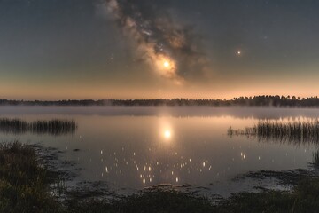 Obraz premium A starry sky above a misty lake, the moon casting a glow across the calm water.