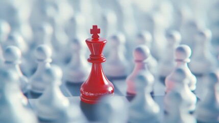 Leadership strategically positions red chess queen amongst light-colored pieces. Visual represents business strategy focused on customer-centric innovation. Leadership team carefully plans approach
