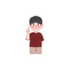 Cheerful Cartoon Boy in Cap Showing Peace Sign