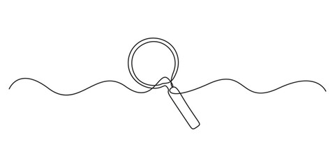 Magnifying glass in continuous single line drawing. Concept of Business analysis in simple outline style. Used for logo, emblem, web banner, presentation. Graphic illustration