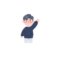 Charming Boy in Dark Sweatshirt Waving Hello, Cute Cartoon Illustration