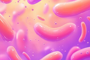 Abstract background with pink and orange glossy shapes, resembling bacteria or cells in a vibrant, colorful fluid.