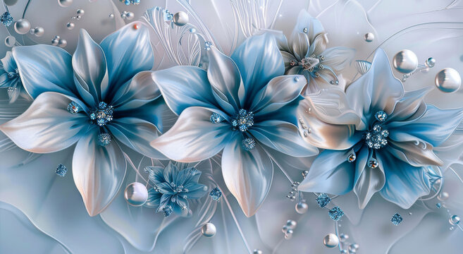 Exquisite blue and silver jeweled flowers a luxurious floral masterpiece with shimmering 3D effect and soft pearly background Elegant wall art decor