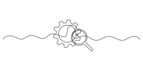 Gear and magnifying glass linear icon. Continuous one line drawing gear and magnifying glass icon. Vector illustration