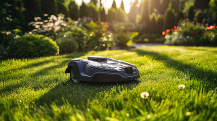 A robotic lawn mower trimming grass in a garden, with smart AI-controlled navigation