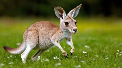 Playful kangaroo hopping in grassy field nature scene wildlife photography outdoor environment close-up view