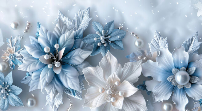 Exquisite icy blue and white poinsettias adorned with shimmering pearls a winter wonderland scene of delicate floral artistry soft lighting and a dreamy ethereal