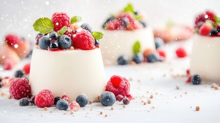 Three creamy panna cotta desserts topped with fresh berries, powdered sugar, and mint leaves on a white surface, close-up view, and elegant presentation.