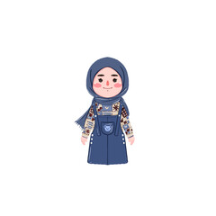 Cute Cartoon Girl in Denim Overalls and Floral Blouse Wearing a Hijab