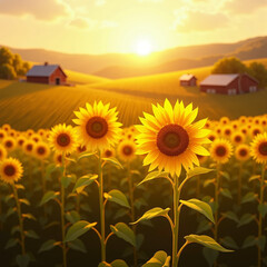 Fototapeta premium Golden Hour Sunflower: Serene Autumn Sunflower Field with a Picturesque Farmhouse and a Winding Country Road