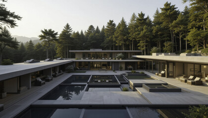 Fototapeta premium modern luxury villa with spacious courtyard and pool, surrounded by tall trees and serene nature, offers tranquil retreat. minimalist design and open spaces create harmonious blend with