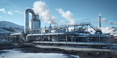 Obraz premium Industrial Complex in Snowy Mountain Landscape