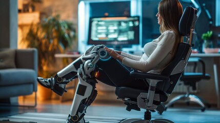 A woman with a fully cybernetic legs, sitting on a minimalist chair in a modern studio