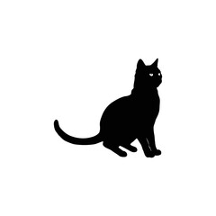 A black and white vector silhouette of a resting cat curled up in a peaceful sleeping pose on a white background.