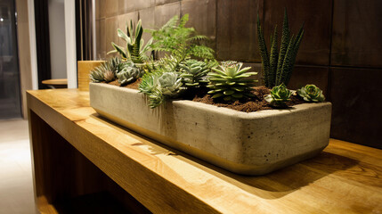 Discover modern urban style with a concrete planter on oak counter highlighting industrial elegance today